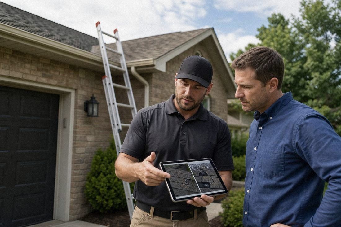 Obsidian Exterior walking a homeowner through roof inspection findings